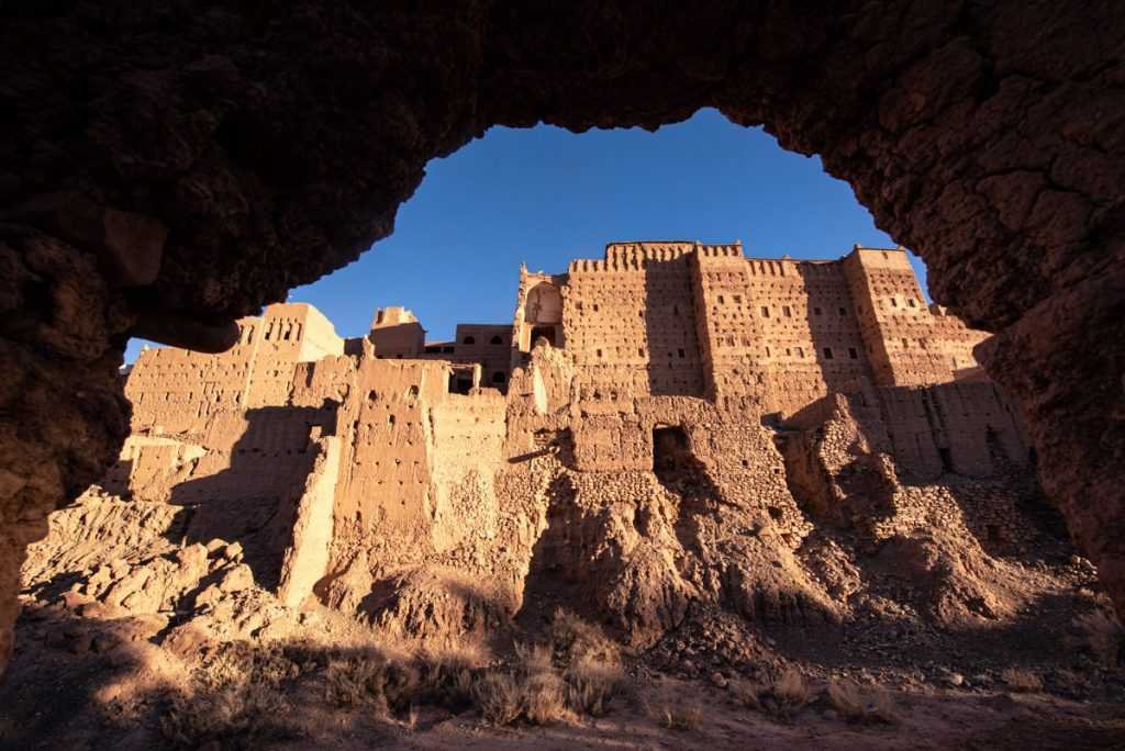 Historic earthen kasbah in the Moroccan desert near Zagora