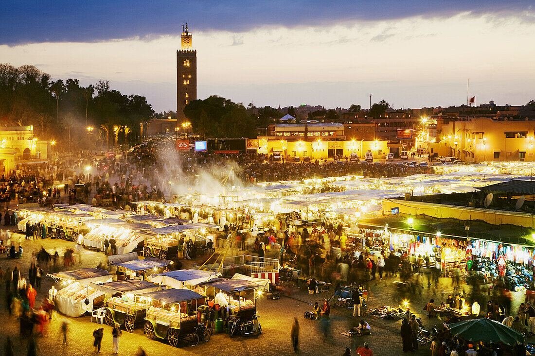 Jemaa el-Fna square with the Koutoubia minaret in the background, Marrakech