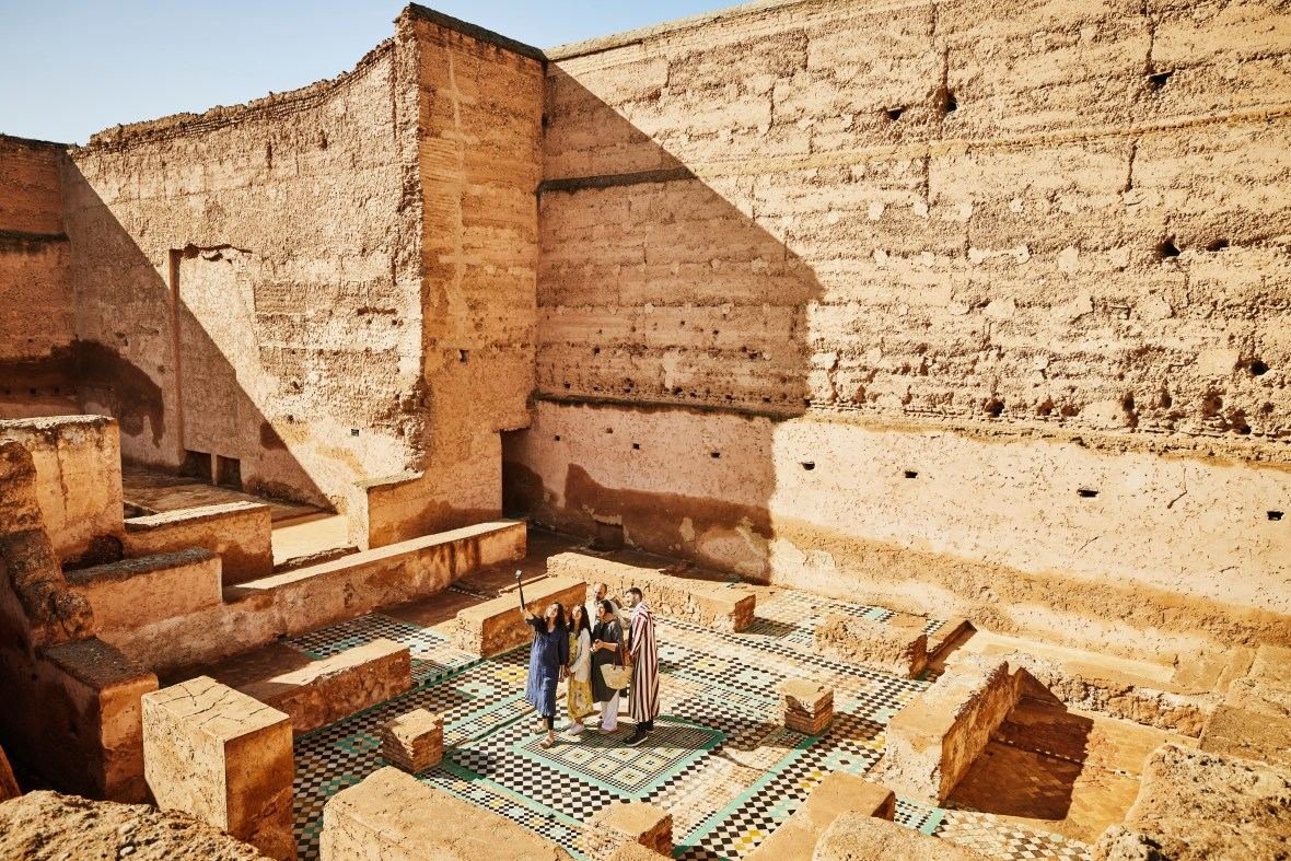 Ruins of El Badi Palace with storks in Marrakech