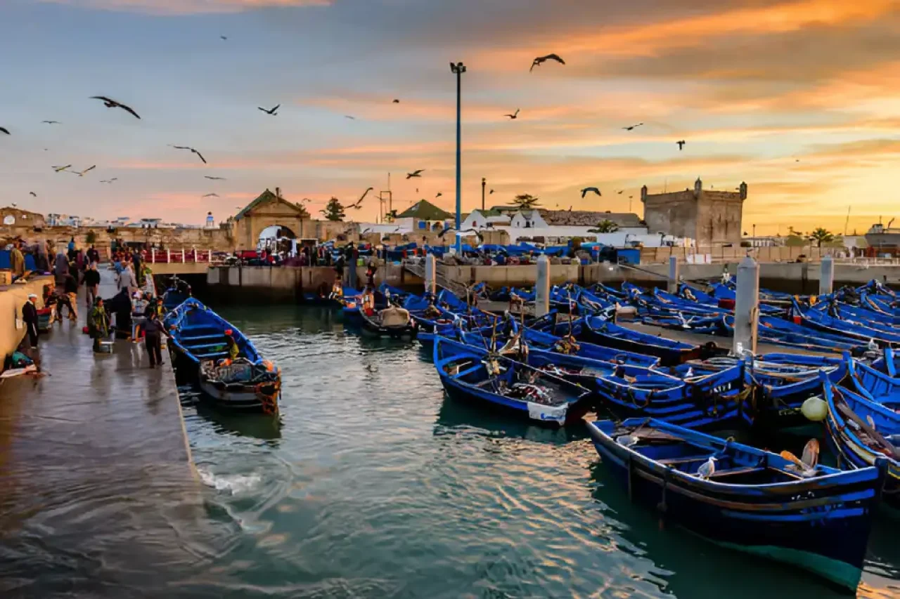 Remparts et bateaux bleus du port d'Essaouira sur la côte atlantique